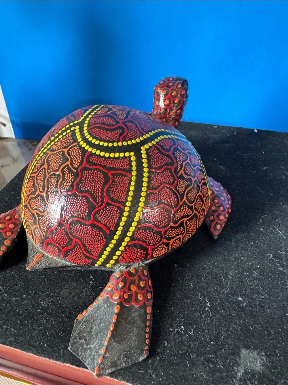 Hand-Painted Red & Yellow Turtle Figurine for Reptile Decor. Folk Art